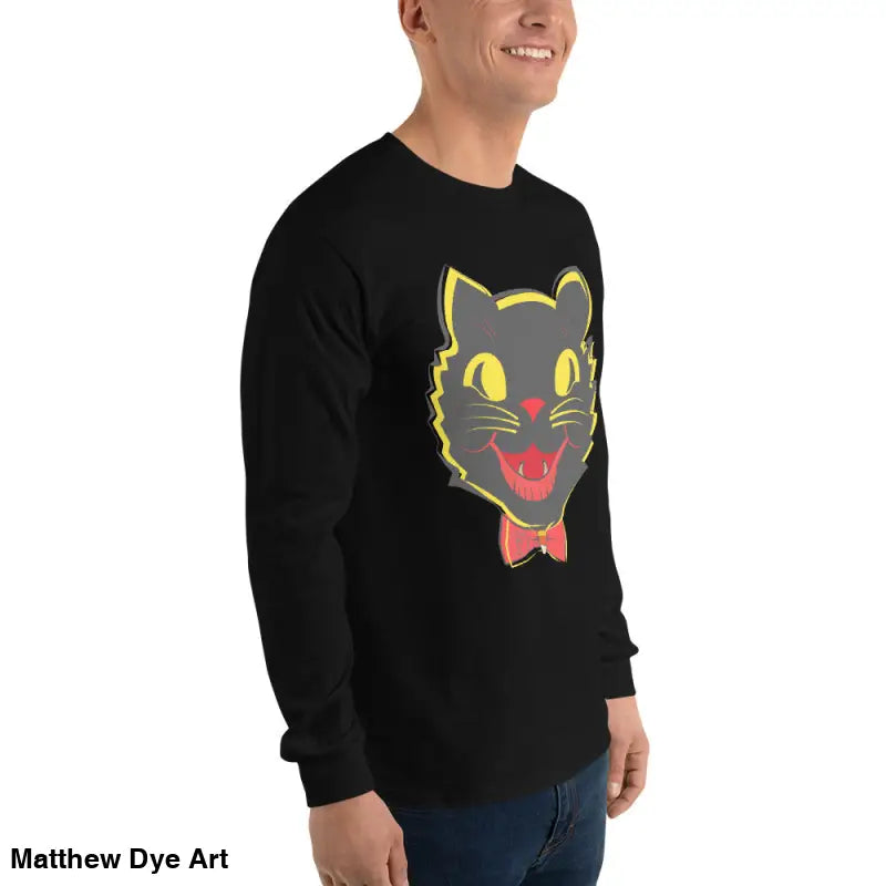 Black long-sleeved shirt featuring a cat graphic for vintage cat unisex style