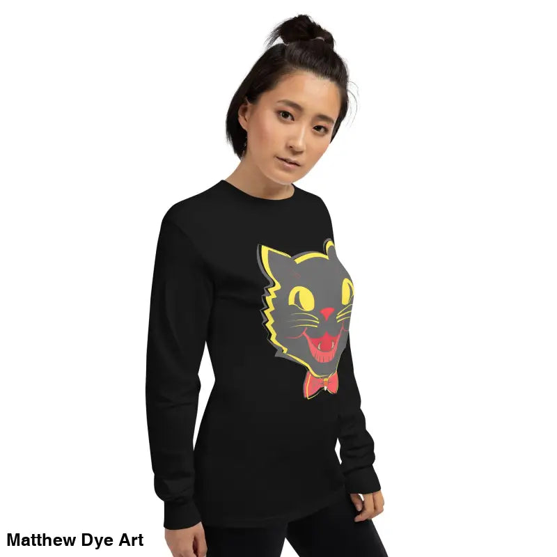 Black long sleeve shirt featuring vintage cat graphic from Witch’s Familiar collection