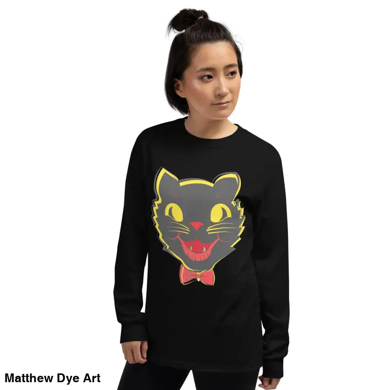 Black long sleeve shirt featuring a vintage cat graphic, ideal for cat unisex style
