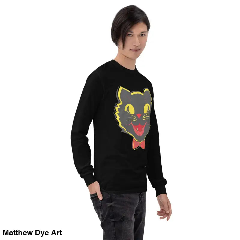 Black long sleeve shirt featuring a vintage cat graphic, perfect for unisex Halloween style