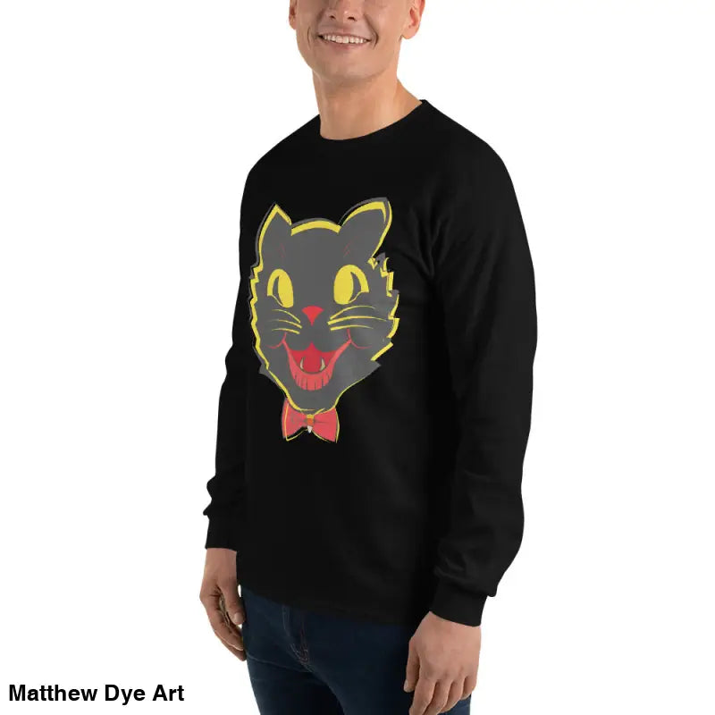 Black long sleeve shirt featuring vintage cat graphic for unisex Halloween style