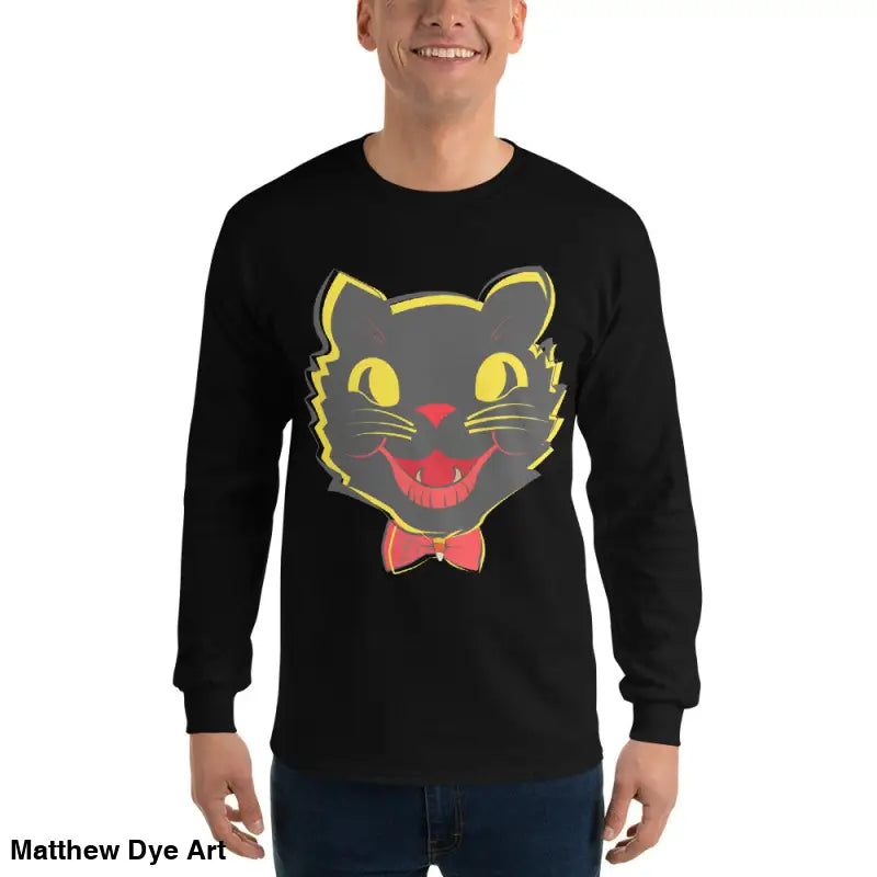 Black long sleeve shirt featuring vintage cat graphic for unisex Halloween apparel