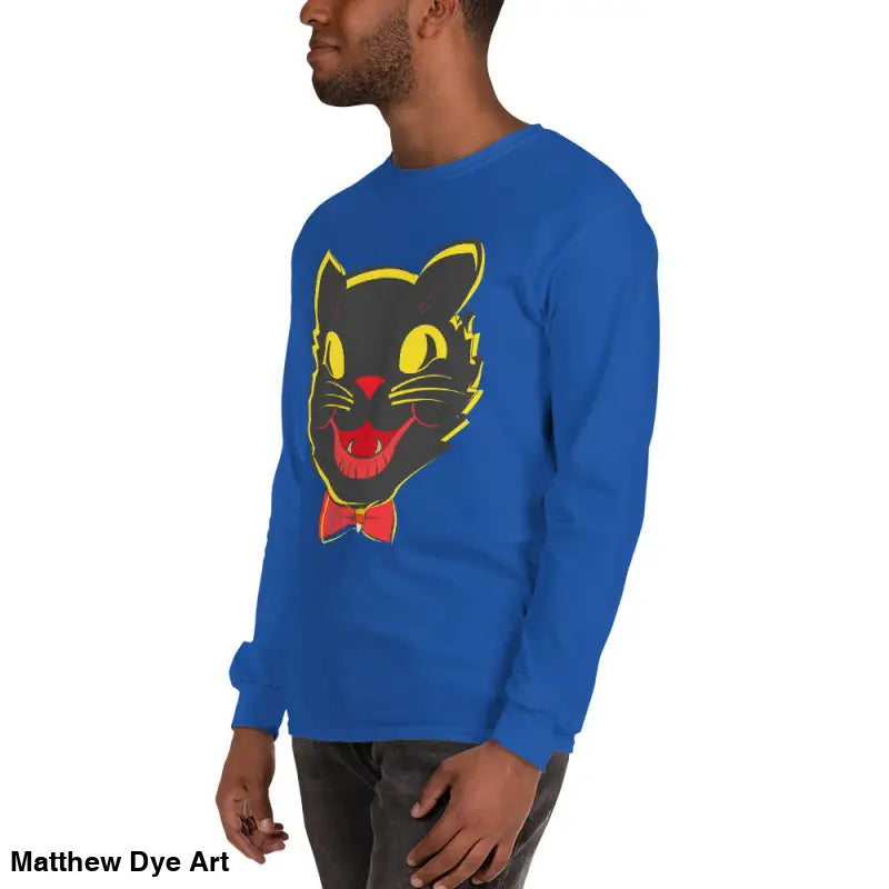 Blue long sleeve shirt featuring a black cat graphic, perfect vintage cat unisex style