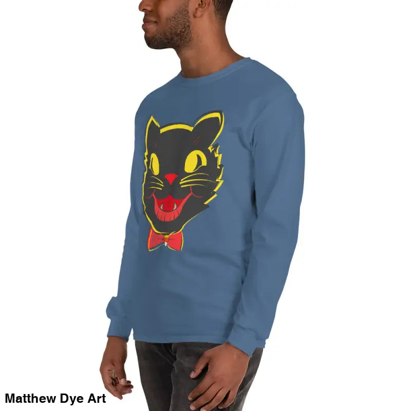 Blue long sleeve shirt featuring black cat graphic from Witch’s Familiar vintage cat unisex collection
