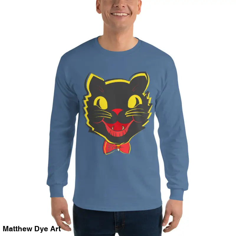 Blue Long Sleeve Shirt featuring a black cat graphic, perfect for vintage cat unisex styles
