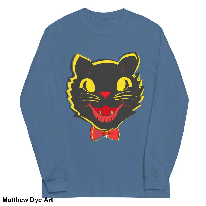 Blue long sleeve shirt featuring black cat graphic, perfect for vintage cat unisex style