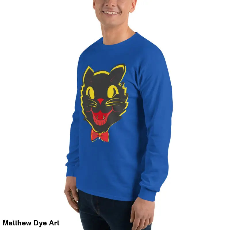 Blue long sleeve shirt featuring a black cat graphic, perfect for vintage cat unisex lovers