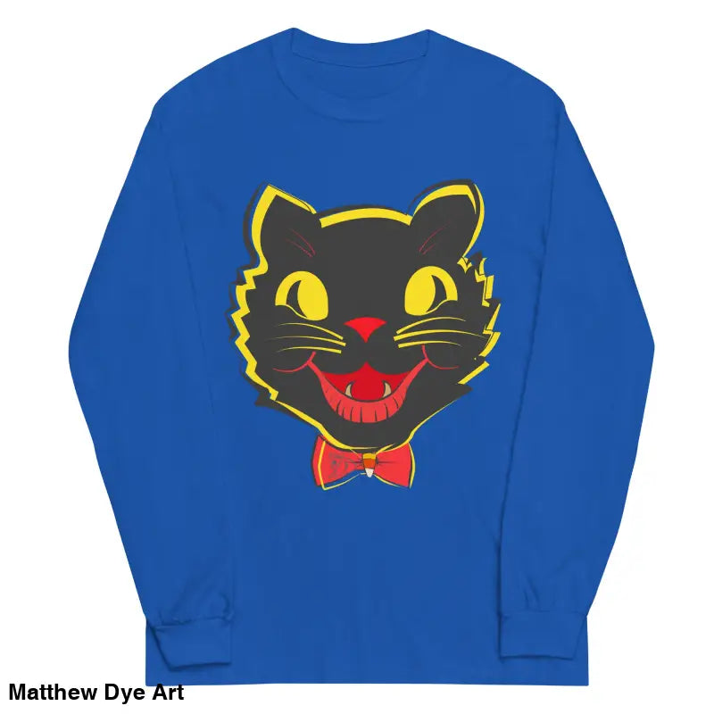 Blue long sleeve shirt featuring a black cat graphic for vintage cat unisex style