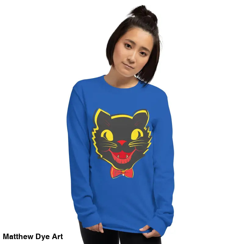 Blue long sleeve shirt featuring a vintage cat graphic for unisex wear