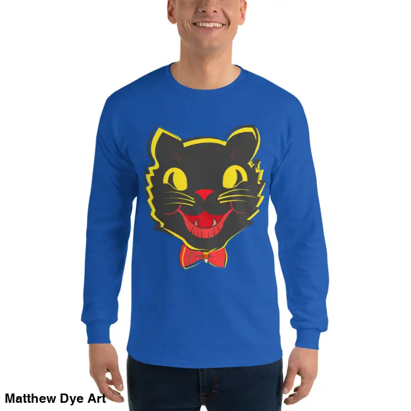 Blue long sleeve shirt featuring black cat graphic, perfect vintage cat unisex apparel
