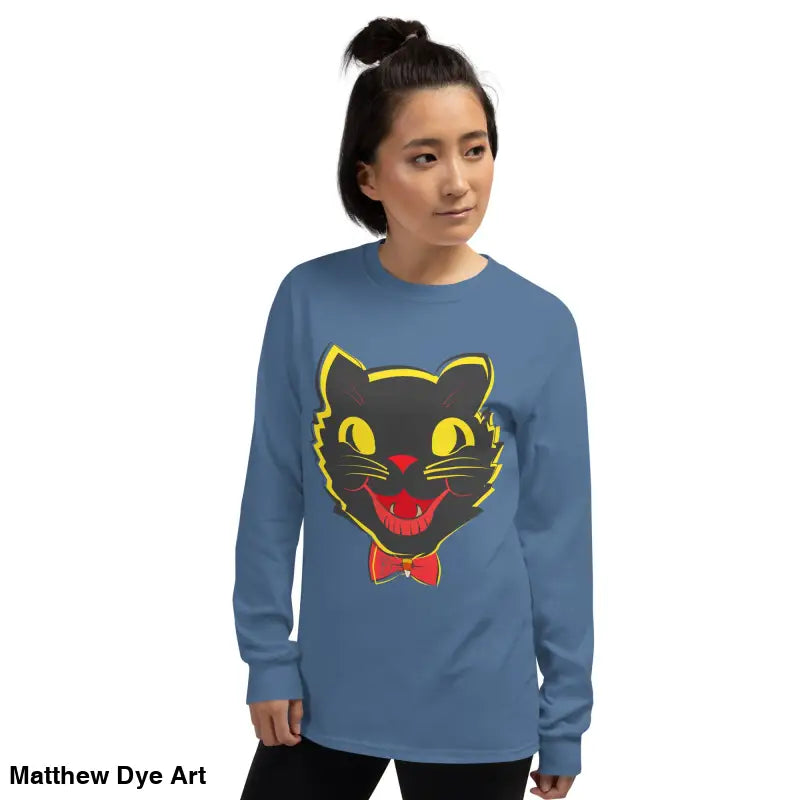 Blue long sleeve shirt featuring a black cat graphic, ideal for vintage cat unisex styling
