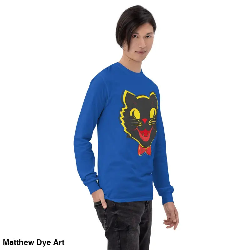 Blue long sleeve shirt featuring a vintage cat graphic in a unisex design