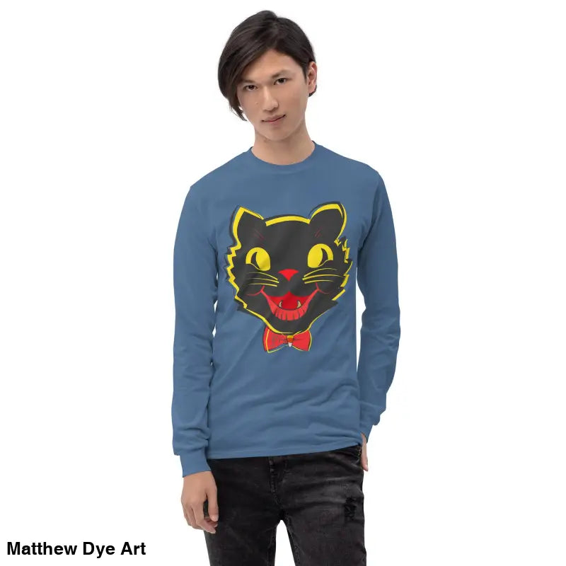 Blue long sleeve shirt featuring a black cat graphic, ideal for vintage cat unisex fans