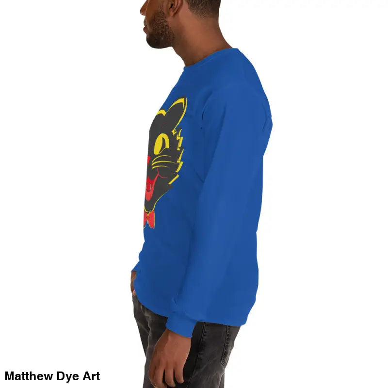 Blue long sleeve shirt featuring a vintage cat graphic for unisex wear