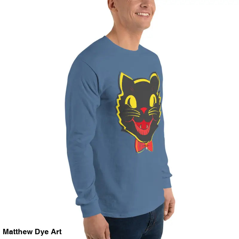 Blue long sleeve shirt featuring black cat graphic, perfect for vintage cat unisex style