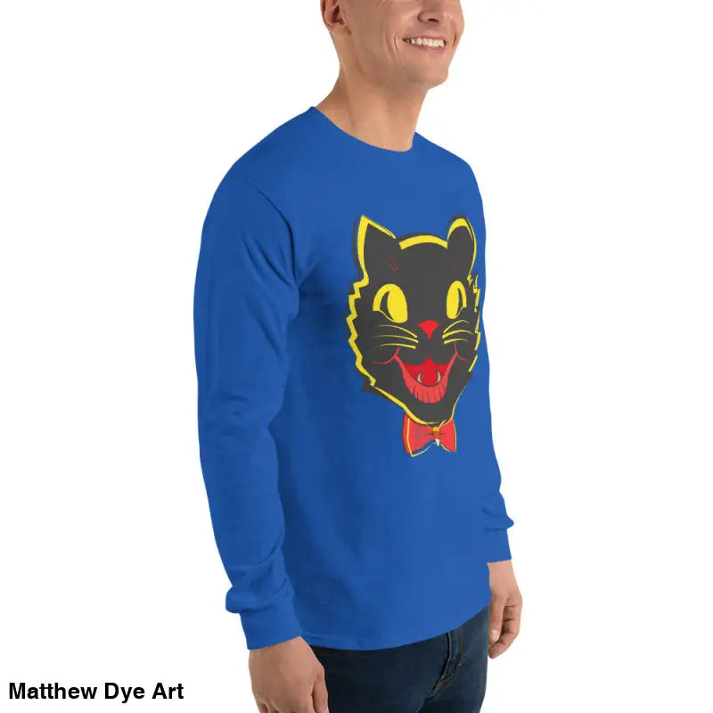 Blue long sleeve shirt featuring a black cat graphic, ideal for vintage cat unisex style