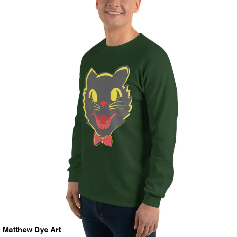 Green long sleeve shirt featuring a vintage cat graphic for unisex Halloween style
