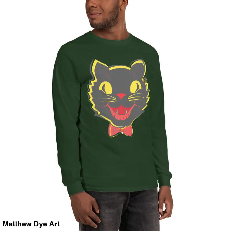 Green long-sleeved shirt featuring black cat graphic from Witch’s Familiar Vintage Cat Unisex
