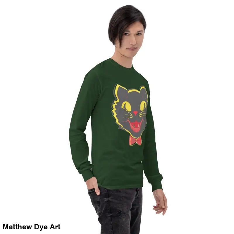 Green long sleeve shirt featuring a black cat graphic for vintage cat unisex style