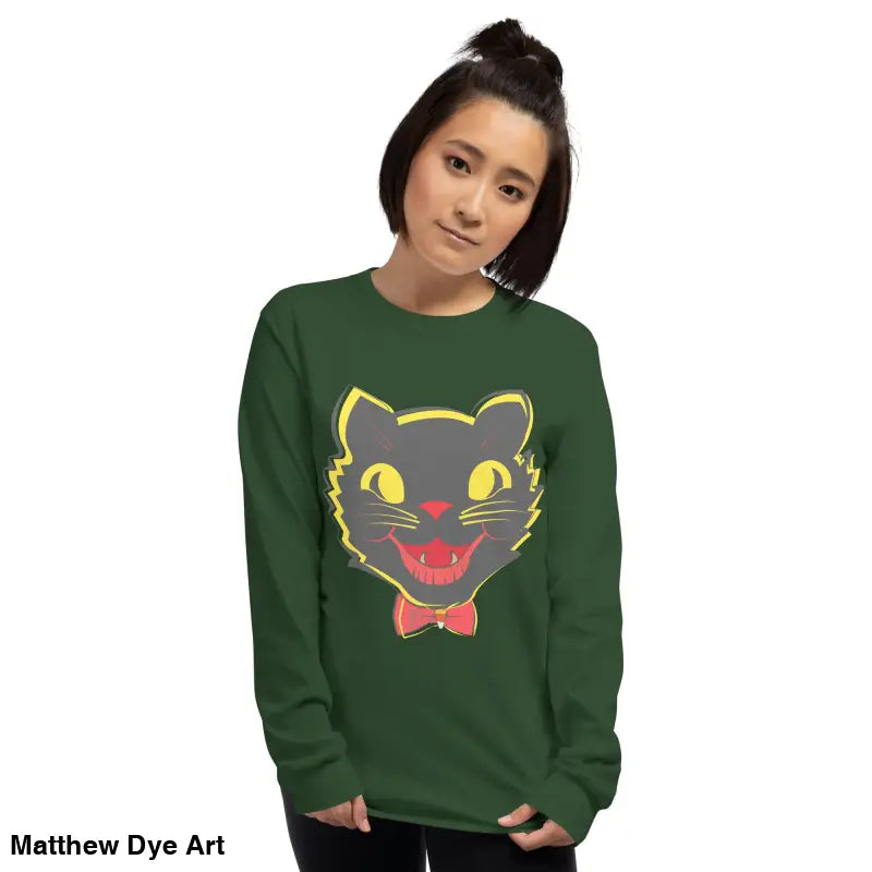 Green long sleeve shirt featuring a cat graphic from Witch’s Familiar vintage cat unisex collection