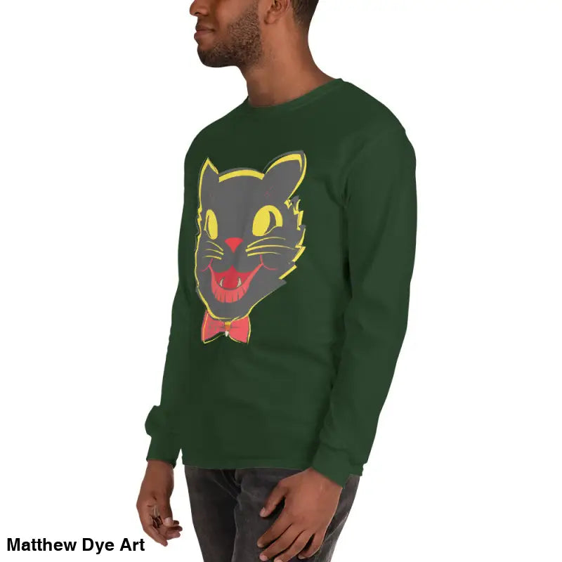 Green long sleeve shirt featuring vintage cat graphic for unisex Halloween style