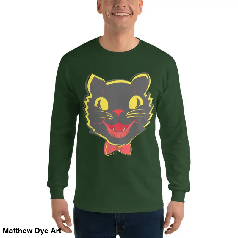 Green long sleeve shirt featuring black cat graphic from Witch’s Familiar Vintage Cat Unisex