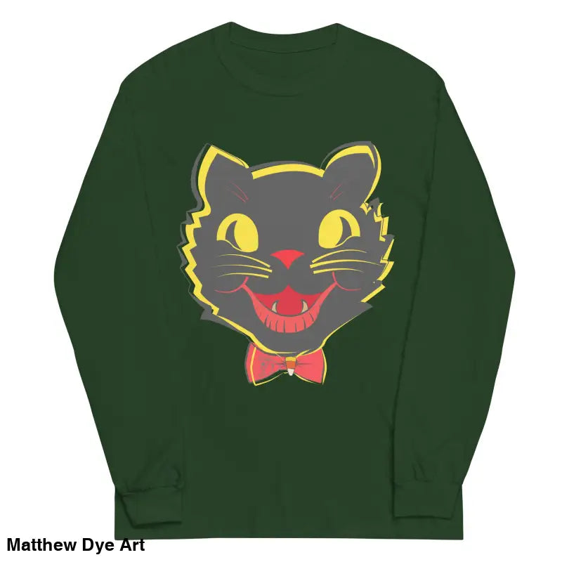 Green long sleeve shirt featuring a vintage cat graphic for unisex style