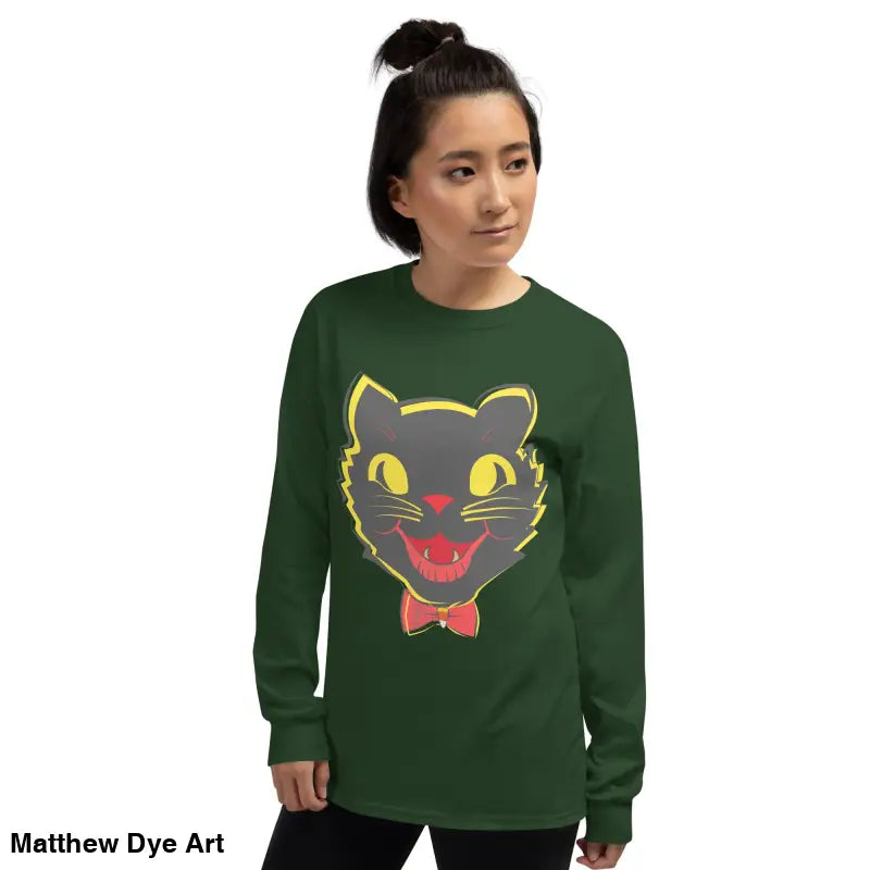 Green long sleeve shirt featuring a black cat graphic for vintage cat unisex style