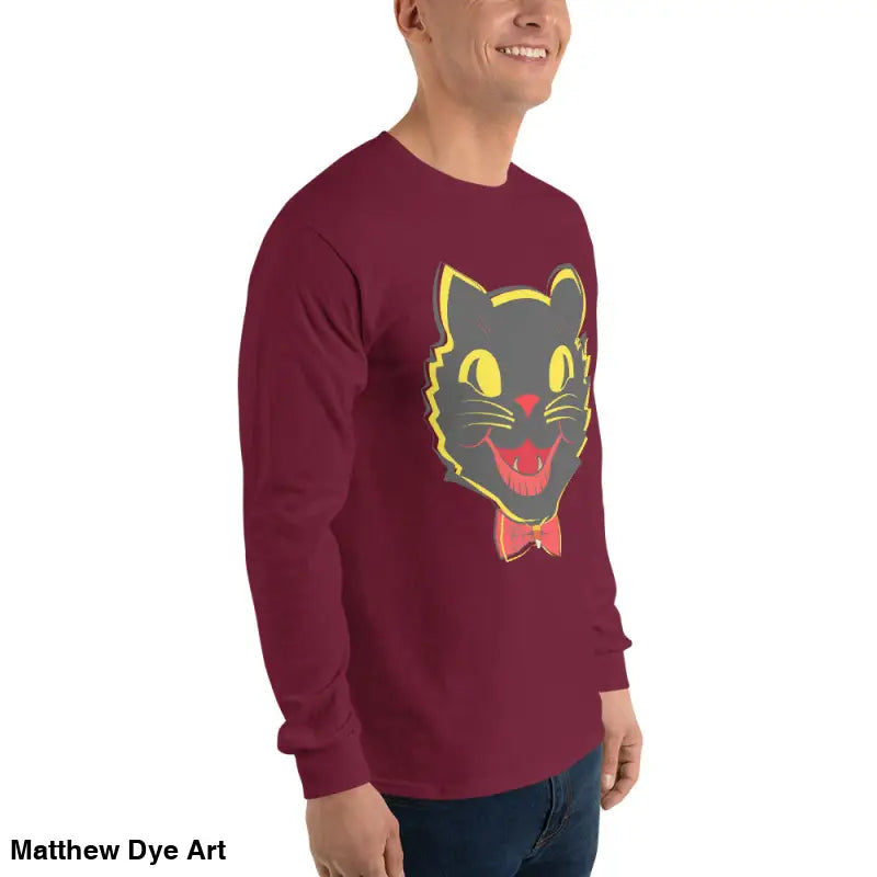 Maroon long sleeve shirt featuring vintage cat graphic for unisex Halloween style