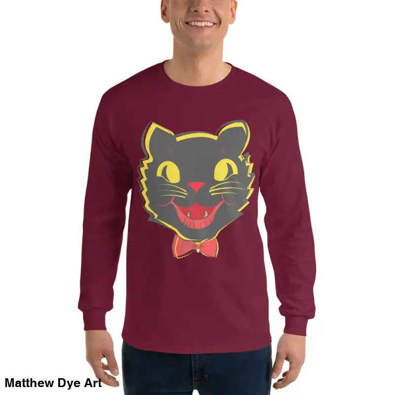Maroon long sleeve shirt featuring a black cat graphic, perfect vintage cat unisex apparel