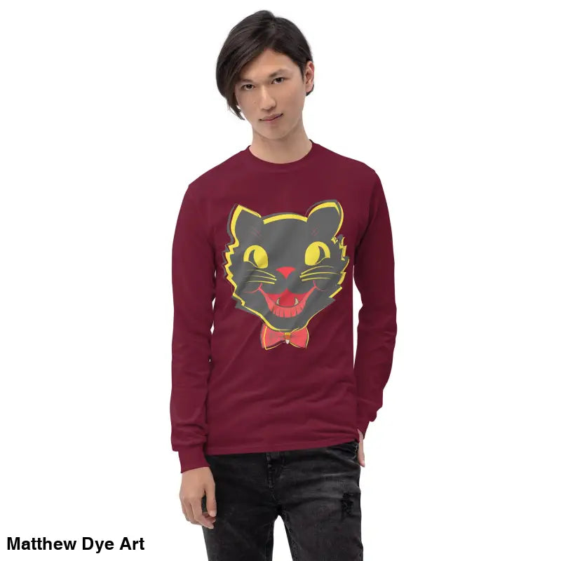 Maroon long sleeve shirt featuring a vintage cat graphic, perfect for Halloween
