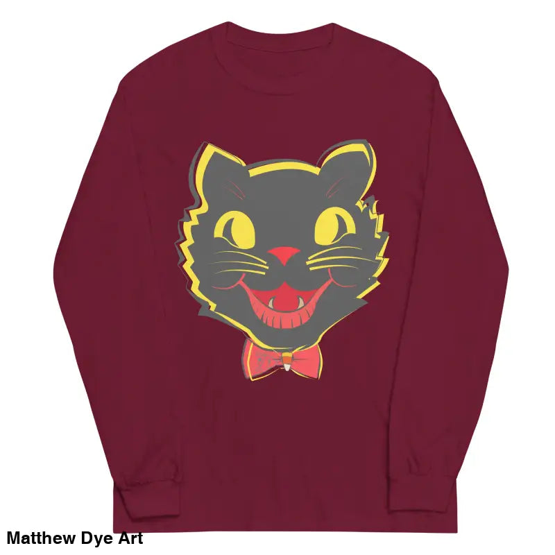 Maroon long sleeve shirt featuring vintage cat graphic for a stylish Halloween look