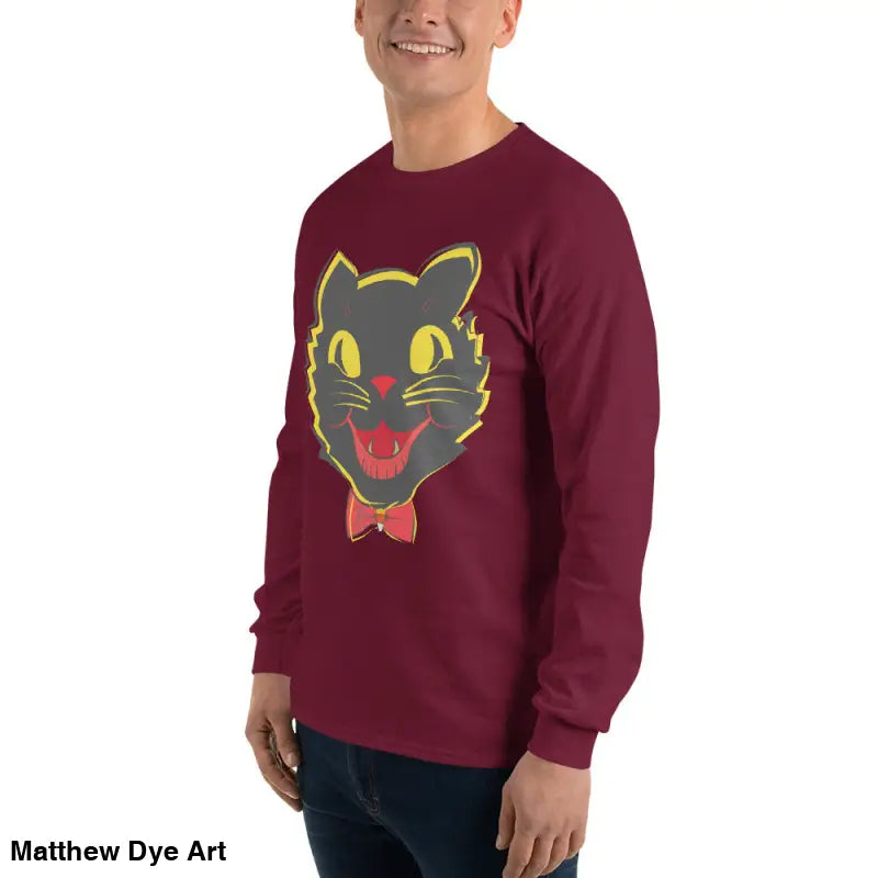 Maroon long sleeve shirt featuring a black cat graphic, perfect for vintage cat unisex lovers