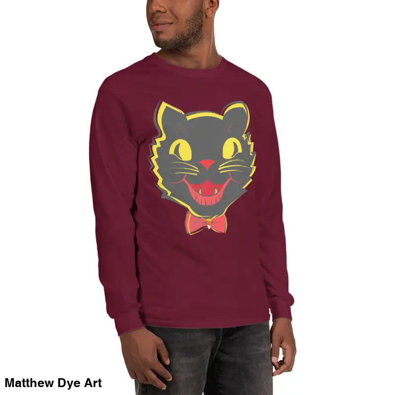 Maroon long sleeve shirt featuring vintage cat graphic, perfect for a unisex Halloween style