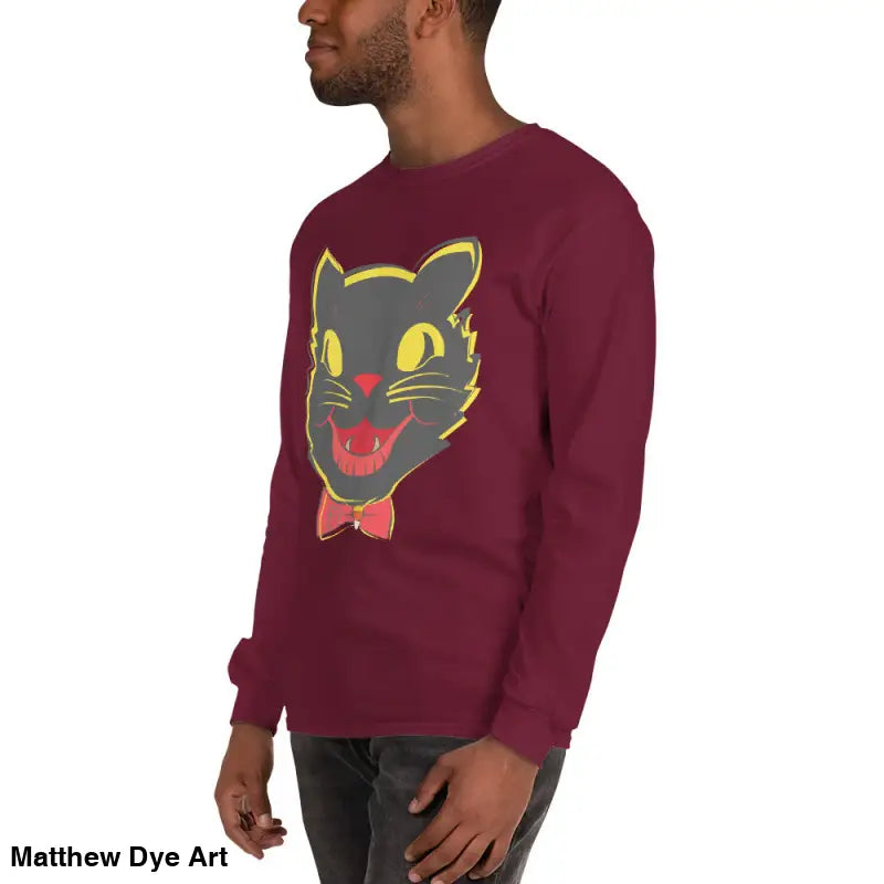 Maroon cat unisex long sleeve shirt featuring a black cat graphic for Halloween