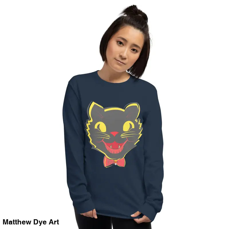 Navy long sleeve shirt featuring a vintage cat graphic, perfect for cat unisex lovers