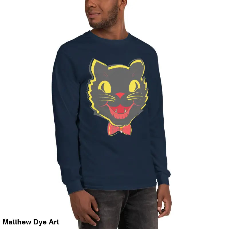Navy long sleeve shirt featuring a black cat graphic from Witch’s Familiar collection