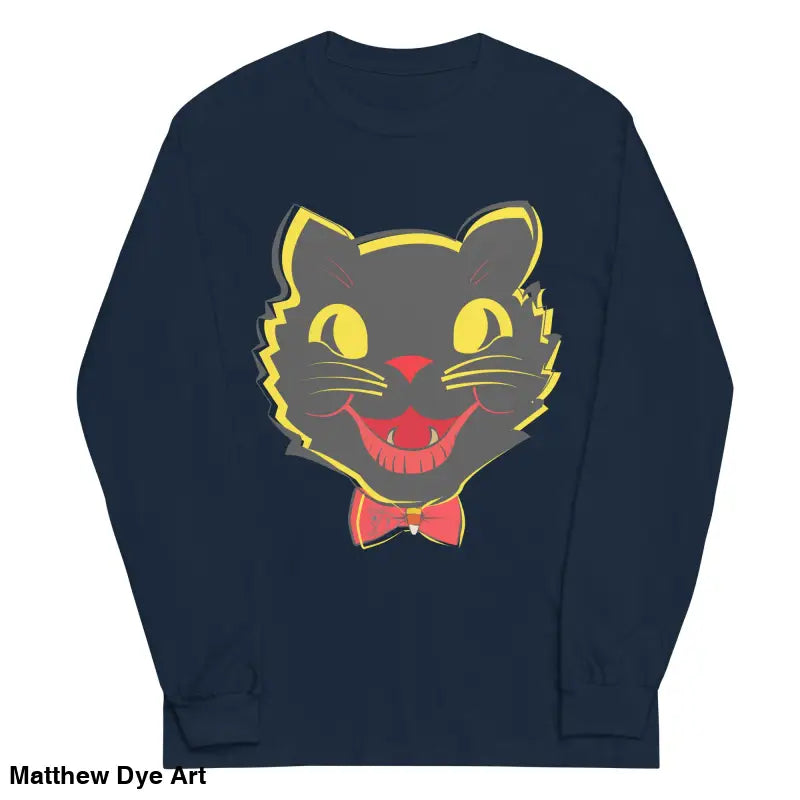 Navy long sleeve shirt featuring vintage cat graphic for unisex Halloween style
