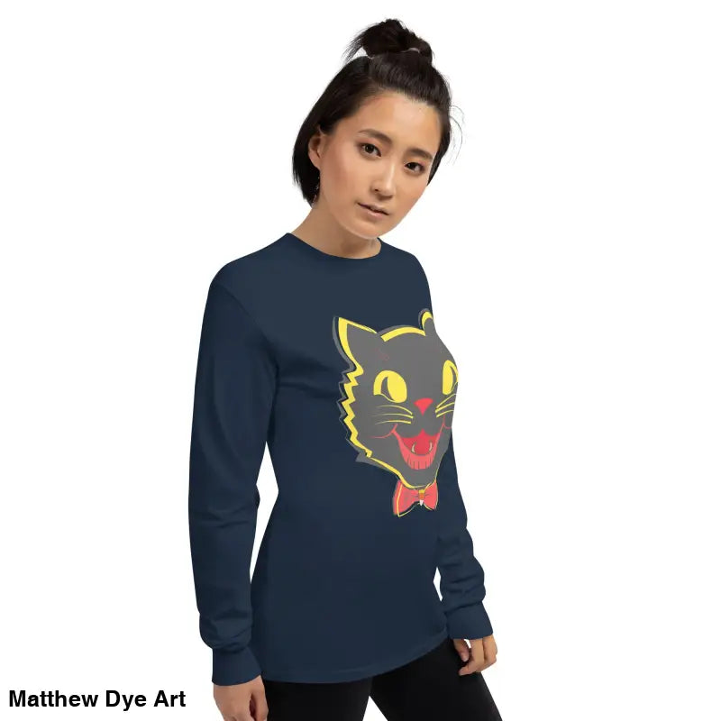 Navy long sleeve shirt featuring a vintage cat graphic for unisex wear