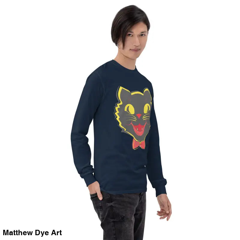Navy long sleeve shirt featuring a vintage cat graphic perfect for unisex Halloween style