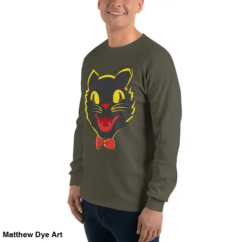 Olive green long sleeve shirt featuring black cat graphic for vintage cat unisex style