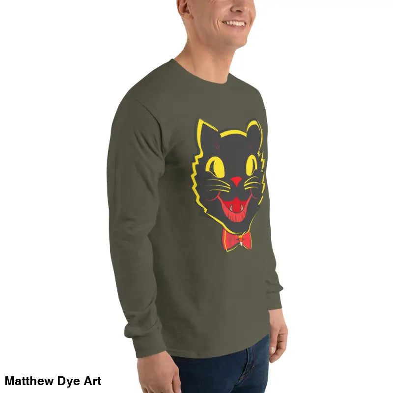 Olive green long sleeve shirt featuring black cat graphic for vintage cat unisex style