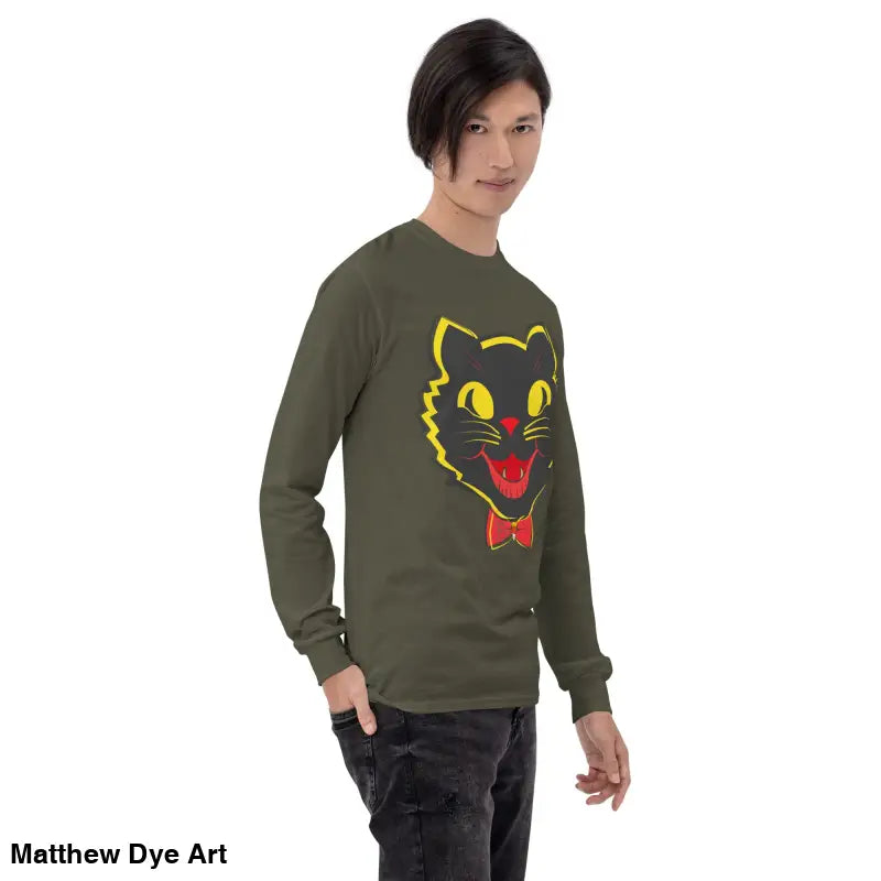 Olive long sleeve shirt featuring vintage cat graphic for unisex Halloween apparel