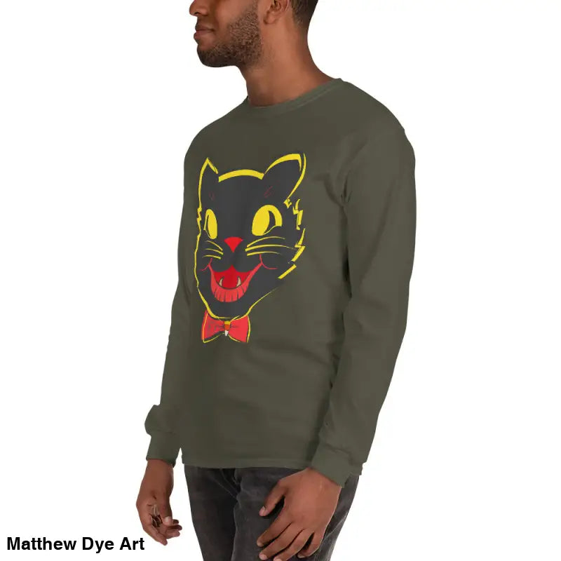 Olive long sleeve shirt featuring black cat graphic, perfect vintage cat unisex apparel