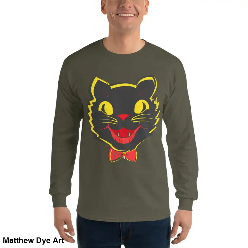 Olive long sleeve shirt featuring black cat graphic from Witch’s Familiar vintage cat unisex collection