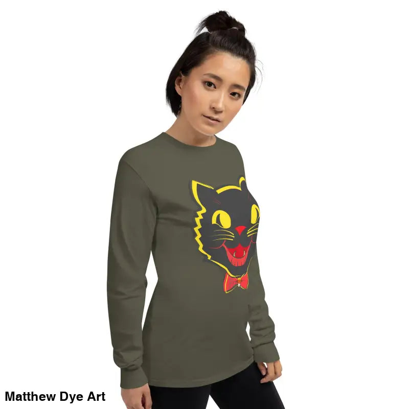 Olive long sleeve shirt featuring a black cat graphic, perfect for vintage cat unisex lovers