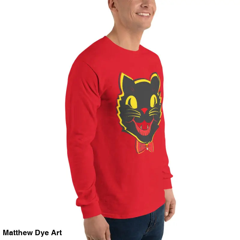 Red long sleeve shirt featuring black cat graphic, perfect vintage cat unisex apparel
