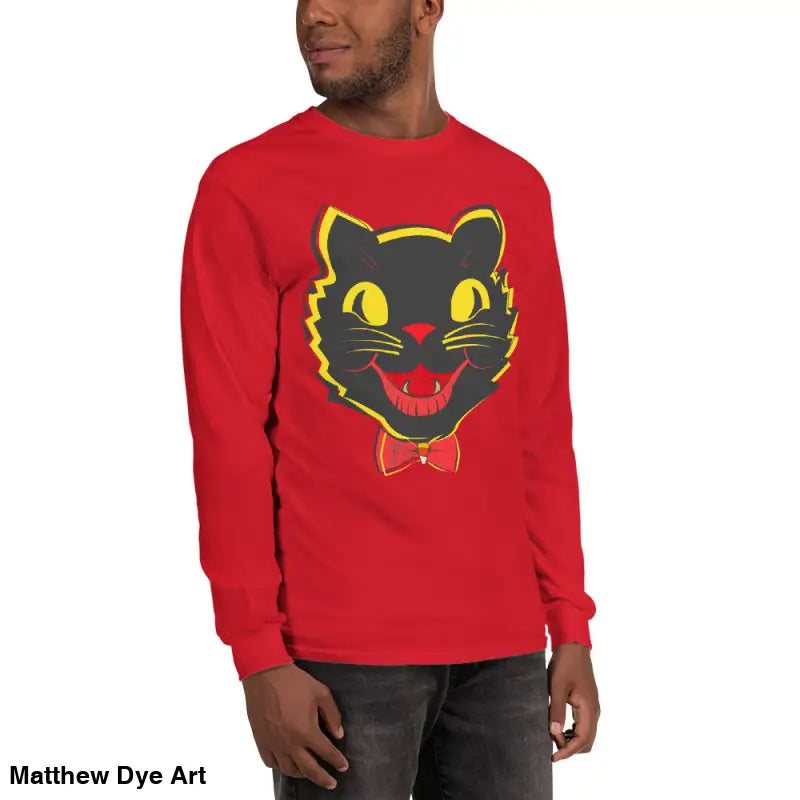Red long sleeve shirt featuring black cat graphic, perfect vintage cat unisex apparel