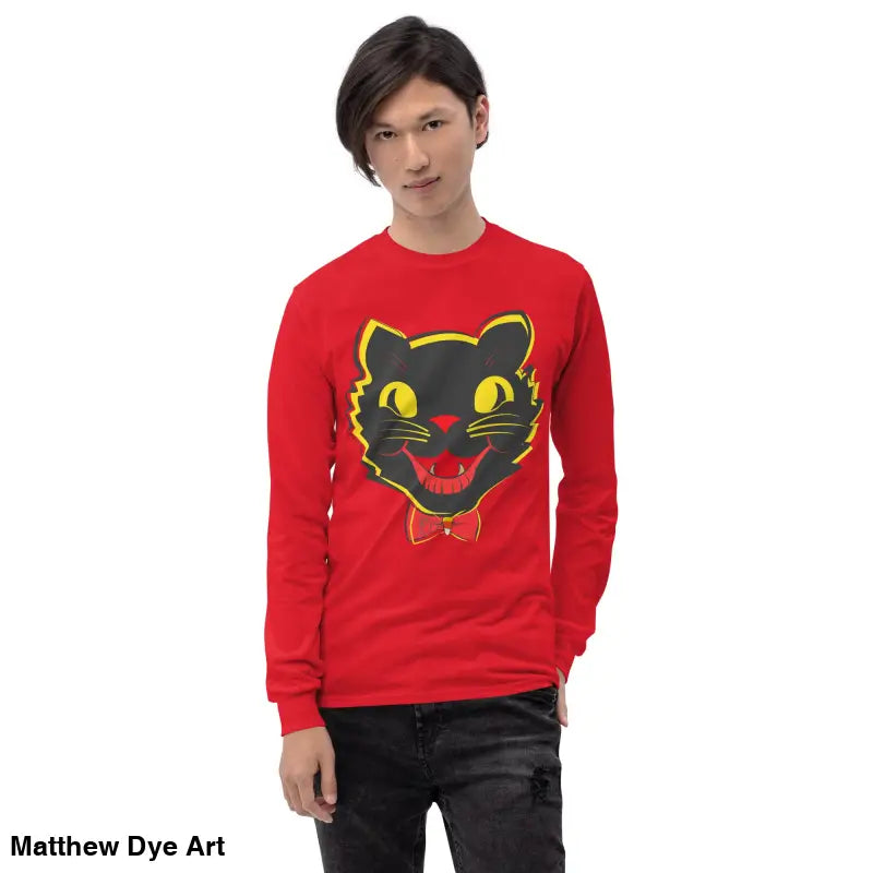 Red long sleeve shirt featuring black cat graphic, perfect vintage cat unisex apparel