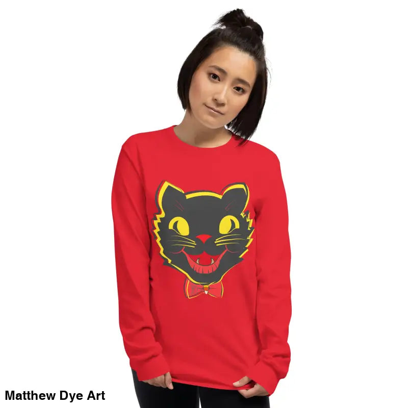Red long sleeve shirt featuring a black cat graphic from Witch’s Familiar collection